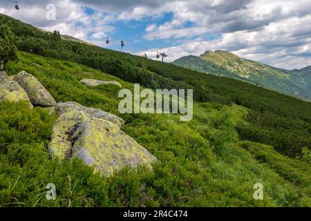 A picturesque view of a grassy mountain slope with an aerial cableway in the distance. Low Tatras. Stock Photo