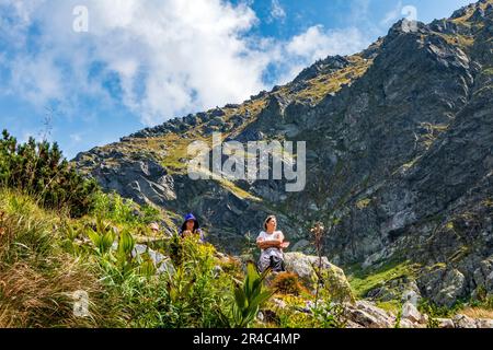 A group of hikers resting on a grassy slope in Slovakian mountains. Stock Photo