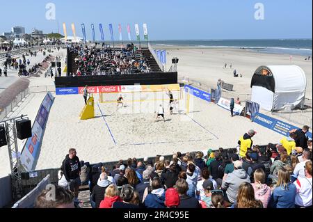 27 May 2023, Lower Saxony, Norderney: The team of " Hauptstadt Beacher e.V/ VC Olympia Berlin " with Eric Stadie and Niklas Rudolf ( black jerseys ) playing against the team Bremen 1860. From 26 to 28 May the "White Sands Festival" will take place on Norderney. Excursion weather in large parts of Germany: Over the Whitsun weekend into the coming week, partly summery temperatures above 25 degrees are expected. Almost everywhere it will remain mostly dry in the coming days with scattered clouds, as predicted by the German Weather Service. In the Alps, however, there could also be thunderstorms. Stock Photo