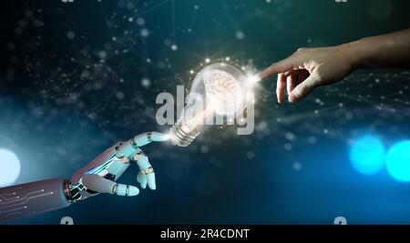Robot hand and Human hand pointing Light bulbs with Brain inside and Low poly wireframe outside. Creative and innovation inspiration. Business Bright Stock Photo