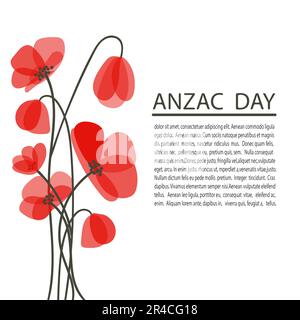 Bright poppy flowers vector illustration. Remembrance day symbol. Anzac day poster with place for text. Stock Vector