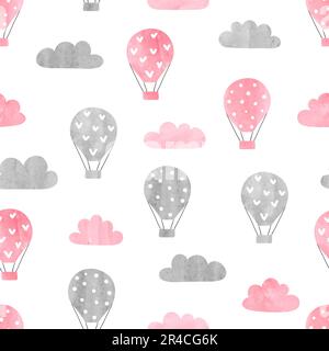 Seamless pattern with watercolor air balloons and clouds. Baby print, kids design. Stock Vector