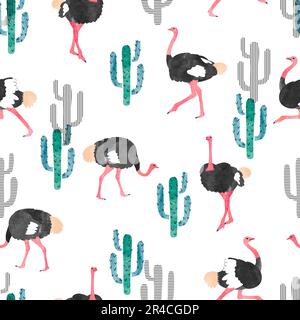 Seamless pattern with watercolor ostrich and cactus. Vector trendy background. Stock Vector