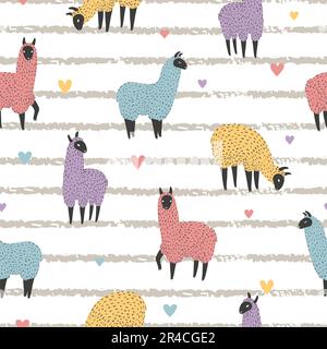 Seamless pattern with cute colorful llama on striped background. Vector lamas illustration. Stock Vector