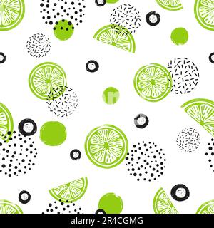 Abstract seamless lime pattern in green and black color. Citrus Fruits and dots on white background. Stock Vector