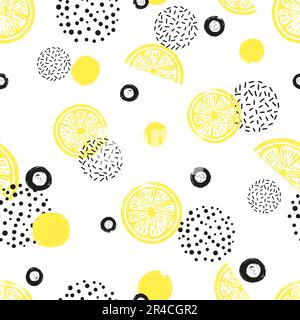 Abstract seamless lemon pattern in yellow and black color. Citrus Fruits and dots on white background. Stock Vector