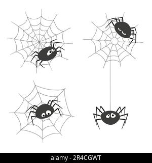 Set of cute cartoon spiders and spiderwebs isolated on white background. Vector illustration. Stock Vector