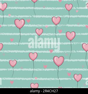 Seamless pattern with pink hearts balloons on striped background. Can be used for wrapping paper, textile, fabric, valentines day design. Stock Vector