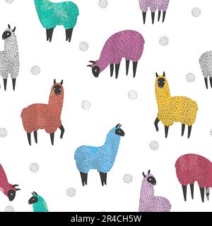 Seamless pattern with cute watercolor colorful llama. Vector background with lamas. Stock Vector