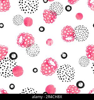Abstract seamless raspberry pattern in pink and black color. Watercolor raspberry and dots on white background. Stock Vector