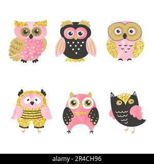 Set of cute owls isolated on white. Vector illustration. Stock Vector