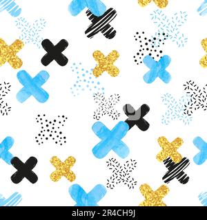 Seamless pattern with blue, black and golden cross. Vector abstract background. Stock Vector