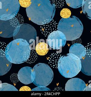 Seamless abstract dotted pattern with blue and golden circles on dark background. Stock Vector