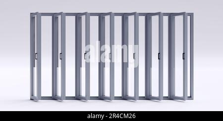 Window aluminum in row silver framed opened isolated cutout on empty white background. Copy space. Home, office interior ad template. 3d render Stock Photo