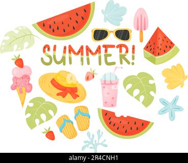 Summer collection. Pieces watermelon, ice cream, straw hat and flip flops, shells and lettering Summer with watermelon pattern. Vector illustration in Stock Vector
