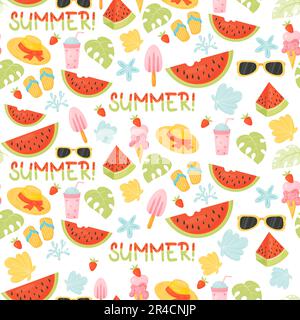 Summer seamless pattern with watermelon, shells, straw hat, slippers, ice cream on white background. Vector illustration in flat cartoon style for des Stock Vector