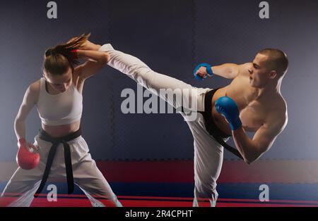 Two good looking young karate friends doing the Mawashi Geri pose at ...