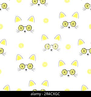 Seamless summer pattern with cute cats in sunglasses and lemons. Stock Vector