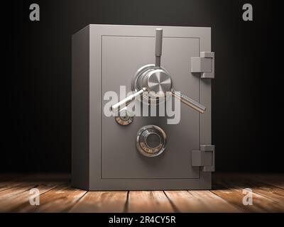 Bank vault safe in dark rooom.. Security and protection. 3d illustration Stock Photo