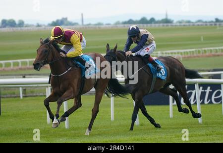 Mashhoor ridden by Ben Coen (left) wins The FBD Hotels and Resorts Orby Stakes at Curragh Racecourse in County Kildare, Ireland. Picture date: Saturday May 27, 2023. Stock Photo
