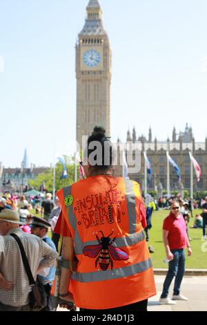 London, UK. 27 May 2023. 'Not My Bill' Protest. Activists from many organizations protest in Parliament Square and Downing Street against The Public Order Act 2023 bill, which came into force on May 3. The controversial law grants a wider sphere of action for law enforcement personnel during demonstrations. Activists from Just Stop Oil, Extinction Rebellion, Republic, Gypsy Traveller League, Black Lives Matter, Campaign for Nuclear Disarmament and other civil rights groups participate in the protest. Credit: Waldemar Sikora/Alamy Live News Stock Photo