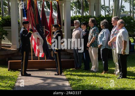 FORT SHAFTER, Hawaii -- (center) U.S. Army Brig. Gen. Paula Lodi, commanding general, 18th Medical Command (Deployment Support), is promoted to the rank of major general at Fort Shafter, Hawaii, Feb. 10, 2023. The ceremony was hosted by (left) U.S. Army Pacific Commander Gen. Charles Flynn. Stock Photo