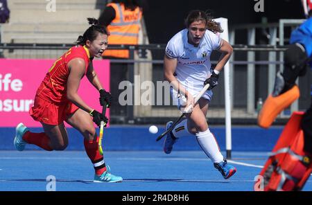 London, UK. 27th May, 2023. Belgium's Camille Belis fights for the ball during a game between Belgium's Red Panthers and China, match 1 (out of 12) in the group stage of the 2023 Women's FIH Pro League, Saturday 27 May 2023 in London, United Kingdom. BELGA PHOTO VIRGINIE LEFOUR Credit: Belga News Agency/Alamy Live News Stock Photo