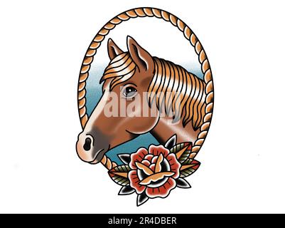 Old school traditional tattoo inspired  drawing horse head portrait Stock Photo