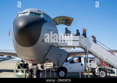 Retired Master Sgt. Eugene T. Beal and his family enters a KC-135 Stratotanker April 3, 2023, at Beale Air Force Base, California. Eugene visited Beale days before his 90th birthday to reunite with the airframe he flew in during his career as a boom operator. Stock Photo