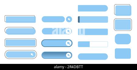 The click here is a set of simple modern buttons. Push button for an application, advertisement, store or website. Various icons for your product Stock Vector