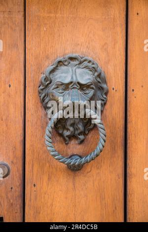 A lion doorknocker on a wood door in Cartagena Colombia Stock Photo