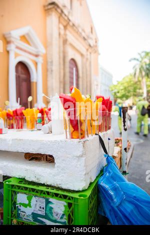 Fruit cart up on a street in Cartagena Colombia selling watermelon and other fruits Stock Photo