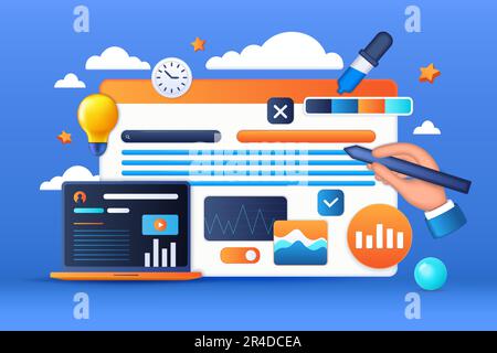 3D graphic design. Web UI render. Website creating. Software for computer developers. Internet tablet app or platform interface. Browser interface edi Stock Vector