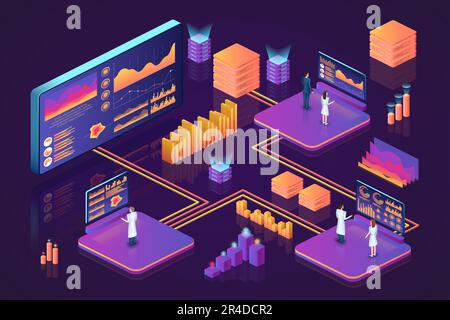 Isometric data. Digital 3D business solutions searching. Analysis technology. Infographic dashboard. Management process. Innovation research. Statisti Stock Vector