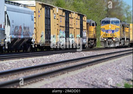 La Fox, Illinois, USA. Union Pacific Railroad freight trains passing in northeastern Illinois. Stock Photo