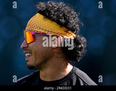 Seattle Mariners' Kolten Wong looks on during batting practice before a  baseball game against the Texas Rangers, Monday, May 8, 2023, in Seattle.  (AP Photo/Lindsey Wasson Stock Photo - Alamy