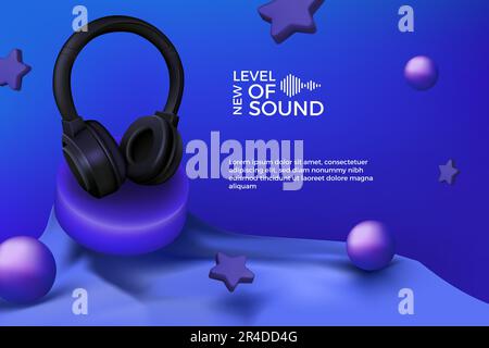 3D headphones. Musical gadget. Electronic headset on background. Audio earphones for entertainment. Blue spheres and stars. Realistic wireless device. Stock Vector