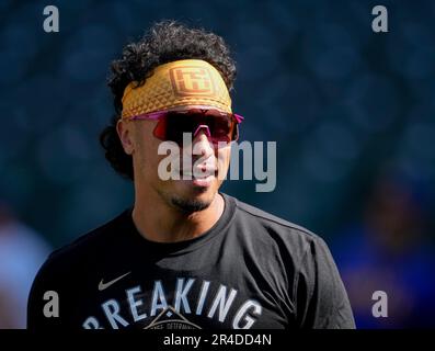 Seattle Mariners' Kolten Wong looks on during batting practice before a  baseball game against the Texas Rangers, Monday, May 8, 2023, in Seattle.  (AP Photo/Lindsey Wasson Stock Photo - Alamy