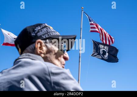 Retired Master Sgt. Eugene T. Beal visits Beale Air Force Base, California, April 3, 2023. Eugene flew approximately 200 combat missions for Strategic Air Command under the Young Tigers, a combat support unit. Stock Photo