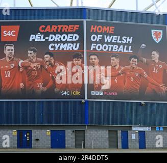 Cardiff City Football Stadium, - Home Cardiff Football promotional advertising.  Taken May 2023. Summer Stock Photo