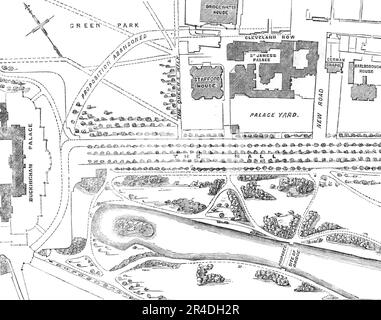 Plan of the New Opening into St. James's-Park, 1856. Planning controversy in London. 'The facilities granted to hired carriages a few years since having been suddenly stopped in the autumn of last year, much grumbling followed. Soon after the public were alarmed by a row of scaffold-poles appearing across the park, and it was ascertained that a contract was positively making or made for a new road and bridge cutting the park and the ornamental water in two. The press was roused...Sir John Shelley, on the part of his constituents, addressed a letter to Sir Benjamin Hall, who replied that he was Stock Photo