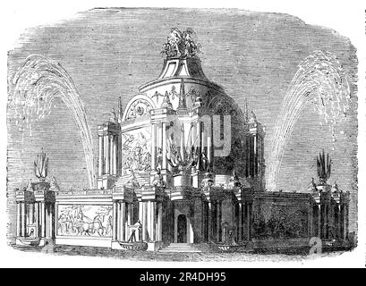 Peace Commemoration, 1814 - Temple of Concord in the Green-Park, [London], 1856. Commemoration of the Treaty of Aix-la-Chapelle, (18 October 1748). The treaty was negotiated largely by Britain and France, with the other powers following their lead, and marked the ending the War of the Austrian Succession (1740-48). From &quot;Illustrated London News&quot;, 1856. Stock Photo