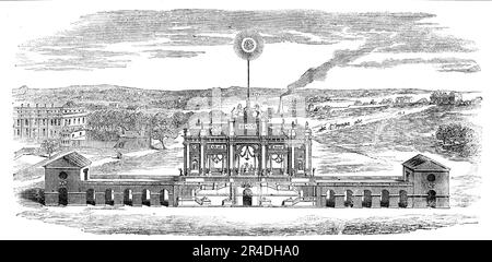 Temple erected for the Display of Fireworks in the Green-Park, [in London], to Celebrate the Peace of Aix-La-Chapelle, 1856. Commemoration of the Treaty of Aix-la-Chapelle, (18 October 1748). The treaty was negotiated largely by Britain and France, with the other powers following their lead, and marked the ending the War of the Austrian Succession (1740-48). From &quot;Illustrated London News&quot;, 1856. Stock Photo