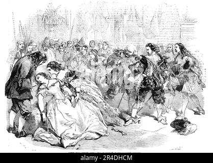 Scene from Verdi's Opera, &quot;La Traviata&quot;, at Her Majesty's Theatre, 1856. Opera singer Marietta Piccolomini was '...Descended from one of the most ancient and most illustrious patrician families of Rome...this gifted girl, urged on by an invincible impulse - with that confidence of success which is so often the companion of real genius - cast aside all the prerogatives of her high station, and, despite the tears and the entreaties of her noble relations of the houses of the Piccolomini and the Amalfi, she made her debut...Her success has been most brilliant. Her voice is exquisitely s Stock Photo