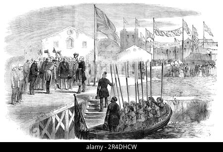 Reception of the New Governor (Kennedy) of Western Australia, 1856. 'Western Australia has recently received an accession of strength and vigour in the person of Governor Kennedy, so well known by his activity and humanity in exposing the maladministration of the Poor-law in the Kilrush Union during the famine in Ireland, and whose able and energetic administration of the Government of Sierra Leone has been highly appreciated. We have engraved the scene of the reception given to the new Governor on his landing in November last...The population of Western Australia numbers about 12,000, not inc Stock Photo