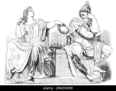 &quot;Peace&quot; and &quot;War&quot; - John Bell, sculptor - from the Exhibition of the Royal Academy, 1856. 'The two &quot;colossal statues of &quot;Peace&quot; and &quot; War&quot; which we engrave as appropriate to the doings of the week are copied from two of the contributions made by Mr Bell to the Sculpture Room of the Royal Academy. They will form, when in marble, appropriate parts of the monument to the Duke of Wellington, on which Mr. Bell has been for some time engaged for the Guildhall of the city of London. Peace hath her victories, the poet tells us, no less renowned than War. He Stock Photo