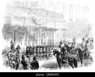 The Reading of the Royal Proclamation of Peace at Dublin, [Ireland], 1856. Ceremony to mark the end of the Crimean War. The proclamation was read at Dublin Castle and at the Mansion House, '... with all the pomp and show which could tend to act upon and harmonise with public enthusiasm. The soldiers and heralds - the courtly retinue - the gorgeous trappings and the brilliant decorations- all passed off to admiration...The troops numbered at least seven thousand...Sir Bernard Burke, Ulster King of Arms...with the Heralds, and the Viceregal Household, ascended to the Castle balcony, and a call h Stock Photo