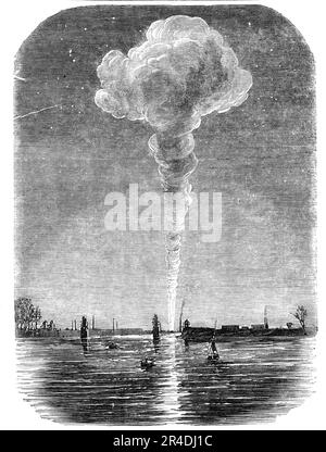 The Burning of the Vauxhall Railway Station, seen from Battersea-Bridge, 1856. '...a sudden alarm of fire arose, and the same instant it was discovered that a small ante-room adjoining the booking-office, and occupied by the clerk in charge, was in flames. In a very few moments the fire had extended to the booking office itself; and so remarkably rapid was its progress that the officials present, so far from being able to stay its ravages, were compelled to make a hasty retreat...the fire travelled with the rapidity ot electricity, seizing upon the whole of the offices, then extending to the t Stock Photo