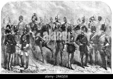 New Uniforms of the British Cavalry, 1856. '17th Lancers, Royal Horse Guards Blue, 1st Life Guards, 16th Lancers, 3rd Light Dragoons, 6th Dragoon Guards, 2nd Life Guards, Royal Horse Artillery, 2nd Dragoons...The principal alteration is in the substitution of the German frock for the coatee. Henceforth our stalwart Dragoons will wear a dress more in harmony with that of civilians; while in the disuse of epaulets, which is another distinctive feature, the officers, if they lose one of the symbols of their rank, will also be saved the coat of an expensive and not very handsome distinction. Gold Stock Photo