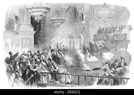 The Burning of Covent-Garden Theatre - Flight of the Masqueraders, 1856. Illustration to a poem suggested by a theatre fire. 'Ho! ho! Tramp, tramp go the hurrying feet - Hark, hark to the rush in the crowded street! But wilder, and fiercer, and madder the rout; Shall resound through these walls ere my flames be crushed out; Hurrah! hurrah! for the Carnival, The rushing and crushing - the masque and the ball; Storm-loving rioters, merry men all, Hurrah! hurrah! for your Carnival! Fled - fled are the harpers, and hushed is their tuning, And trampled the women, all shrieking and swooning; Amid cr Stock Photo